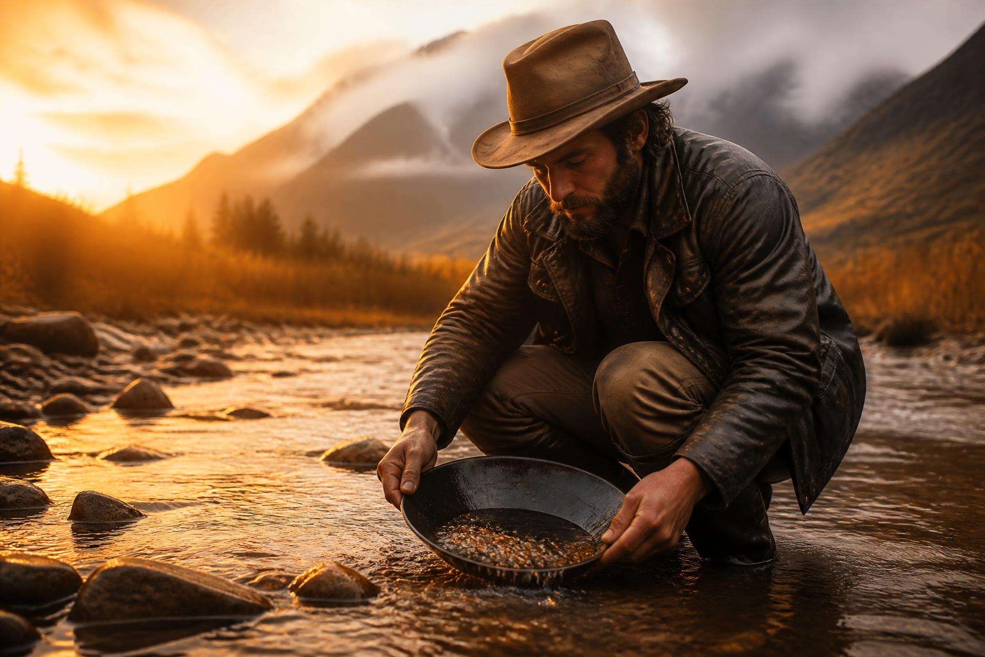 A traveller panning for gold in a highland river at golden hour